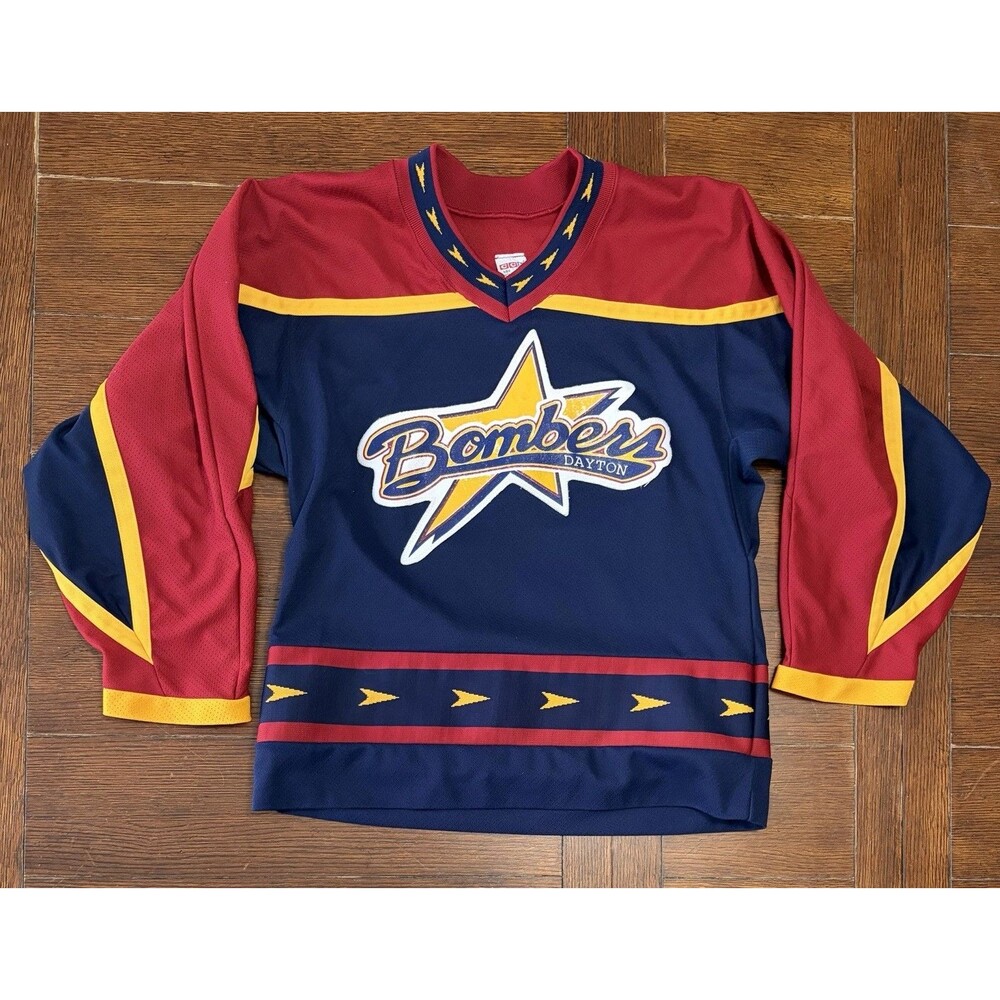 Vintage ECHL Dayton Bombers CCM Hockey Jersey Size Small Navy #21 Nichols